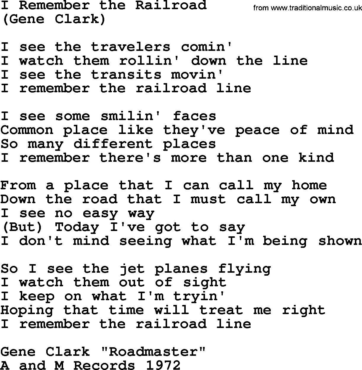 The Byrds song I Remember The Railroad, lyrics