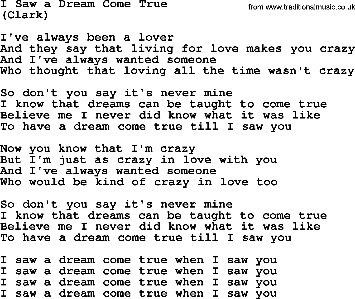 The Byrds song I Saw A Dream Come True, lyrics