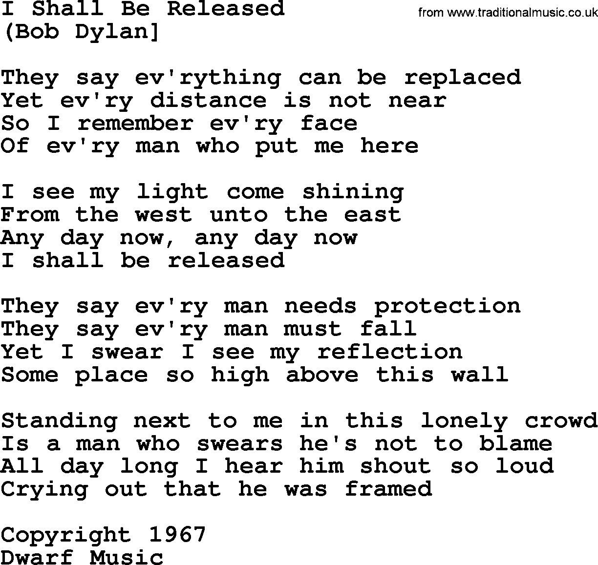 The Byrds song I Shall Be Released, lyrics