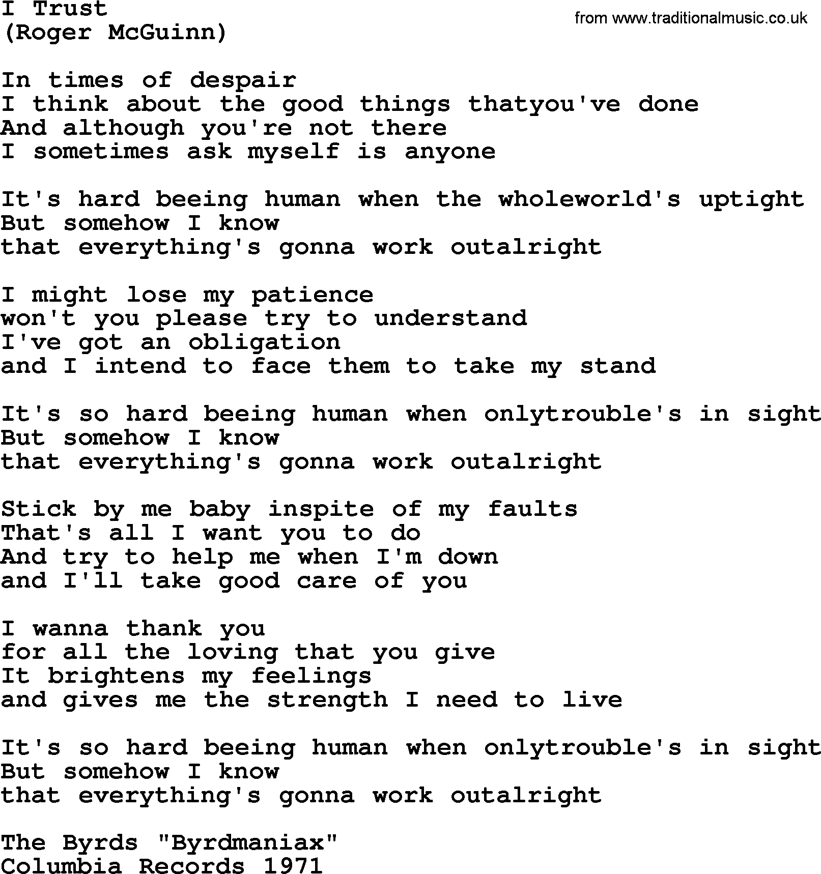 The Byrds song I Trust, lyrics