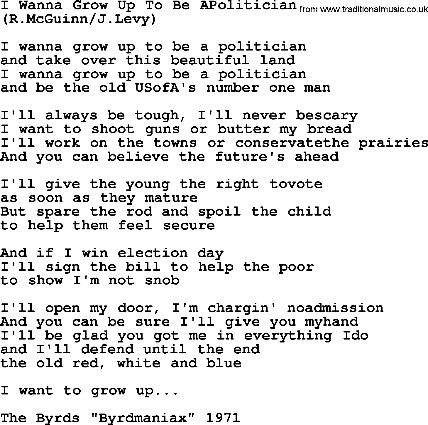 The Byrds song I Wanna Grow Up To Be Apolitician, lyrics