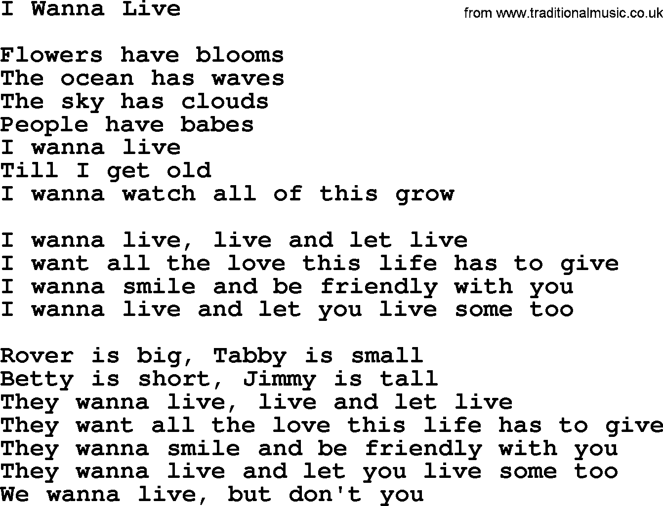 The Byrds song I Wanna Live, lyrics