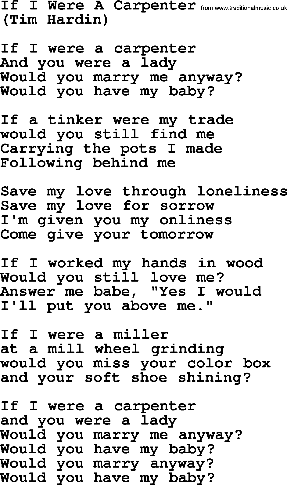 The Byrds song If I Were A Carpenter, lyrics