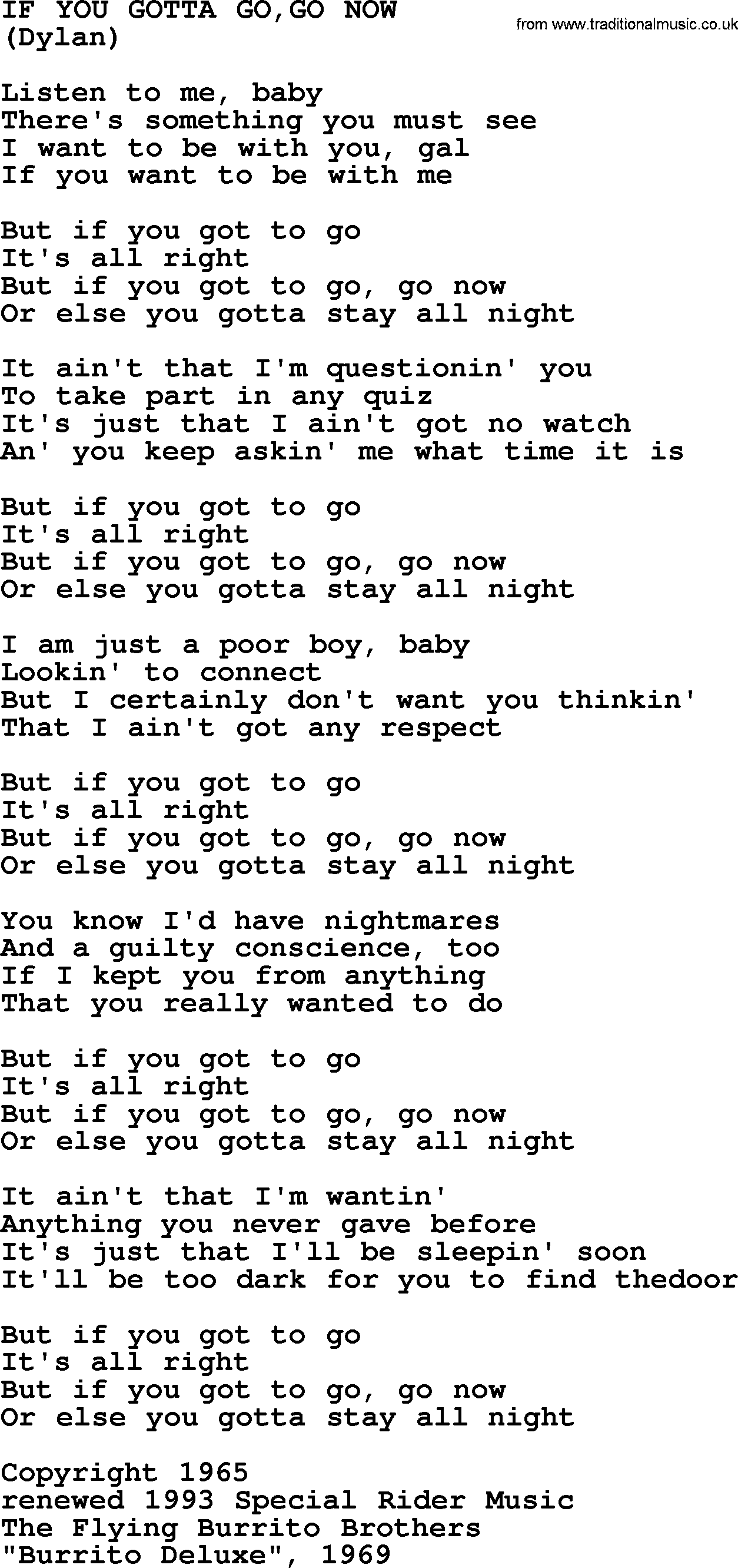 The Byrds song If You Gotta Go,go Now, lyrics