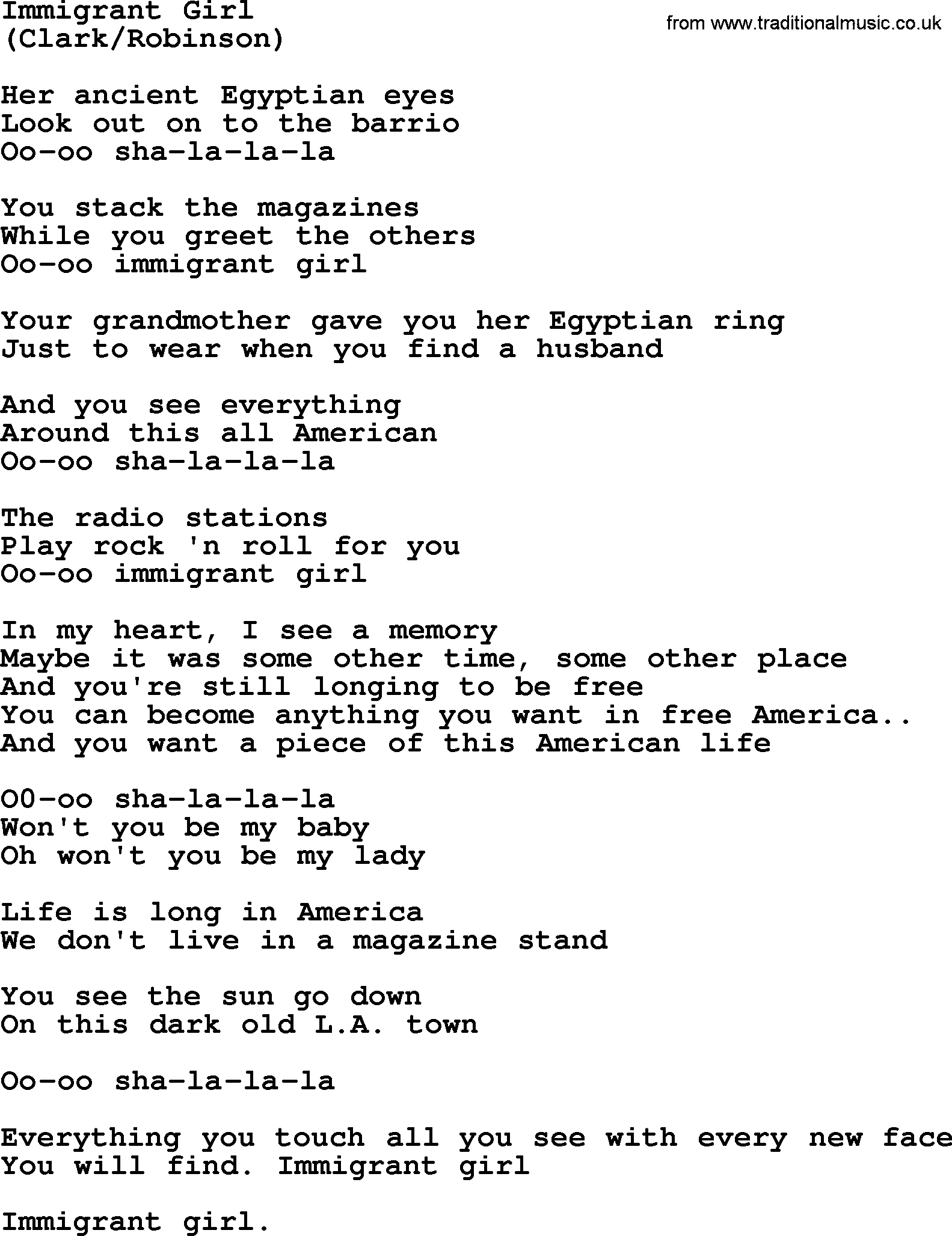 The Byrds song Immigrant Girl, lyrics