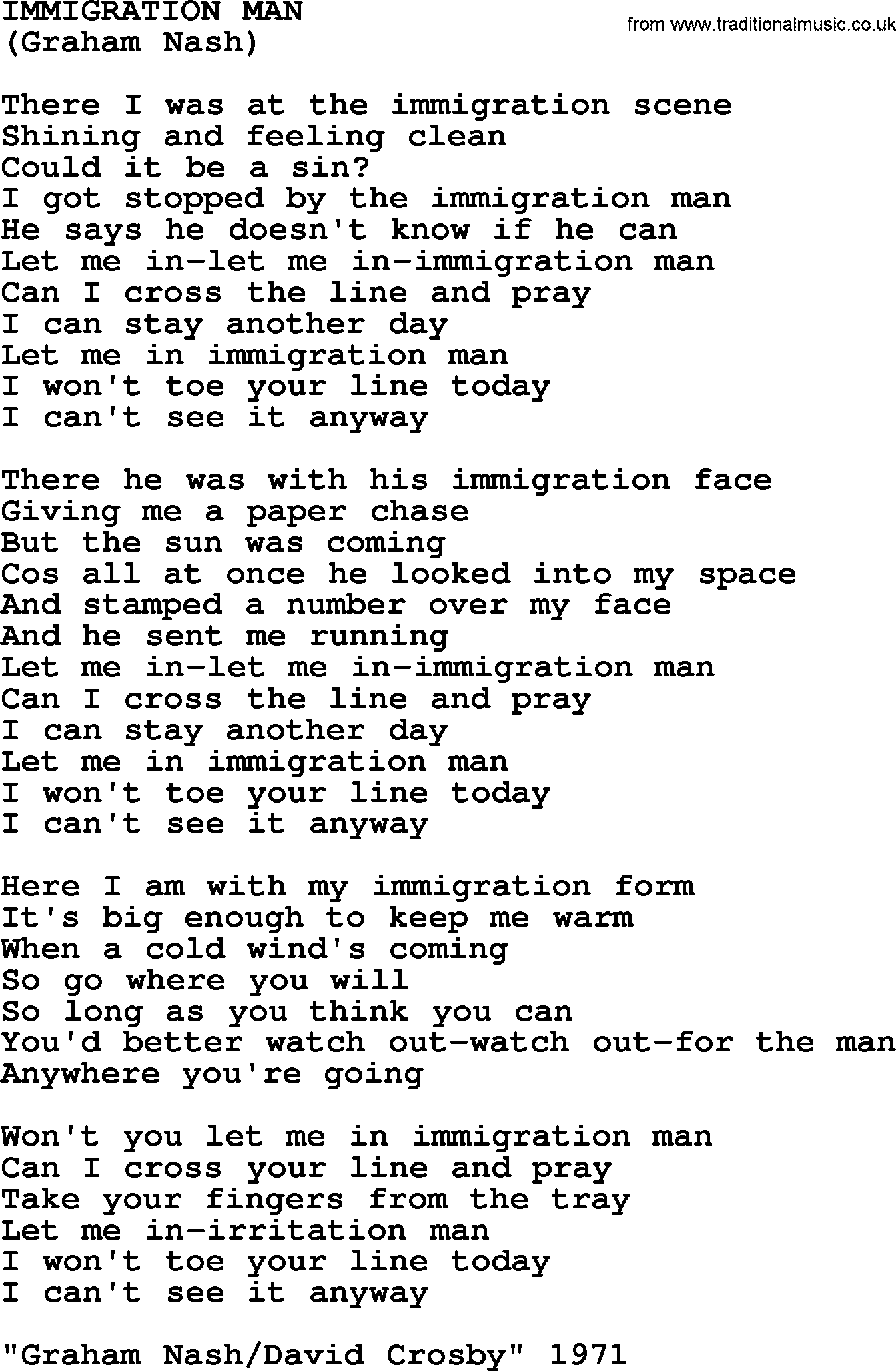 The Byrds song Immigration Man, lyrics