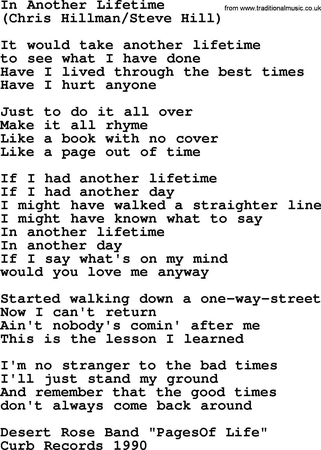 The Byrds song In Another Lifetime, lyrics