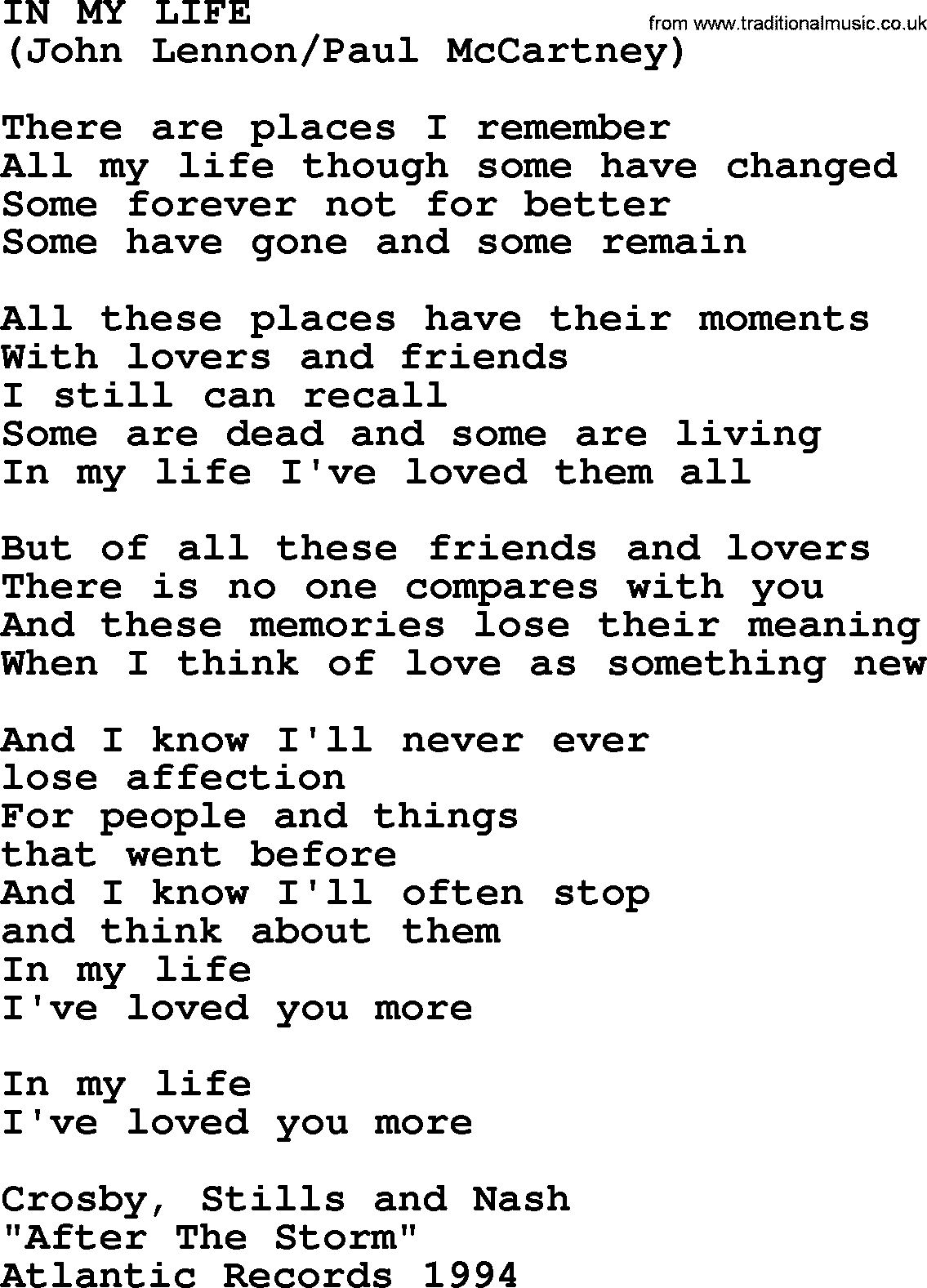The Byrds song In My Life, lyrics