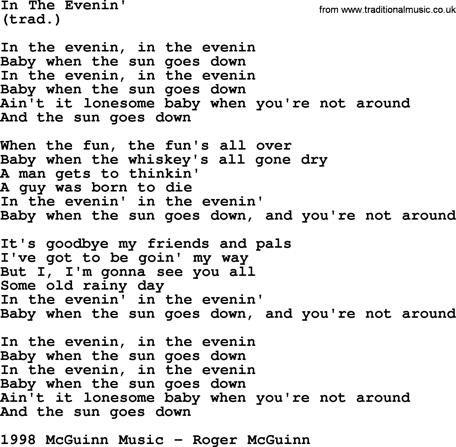 The Byrds song In The Evenin', lyrics