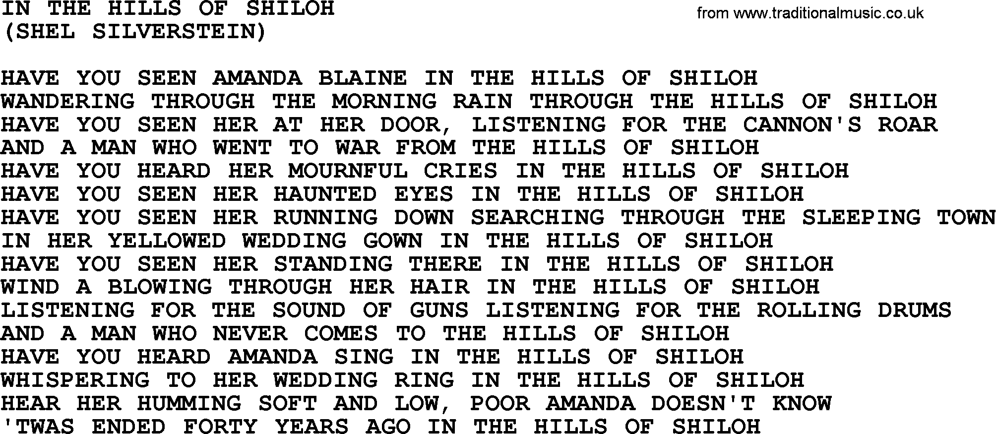 The Byrds song In The Hills Of Shiloh, lyrics