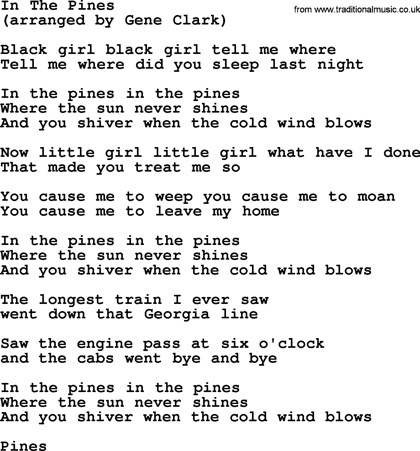 The Byrds song In The Pines, lyrics