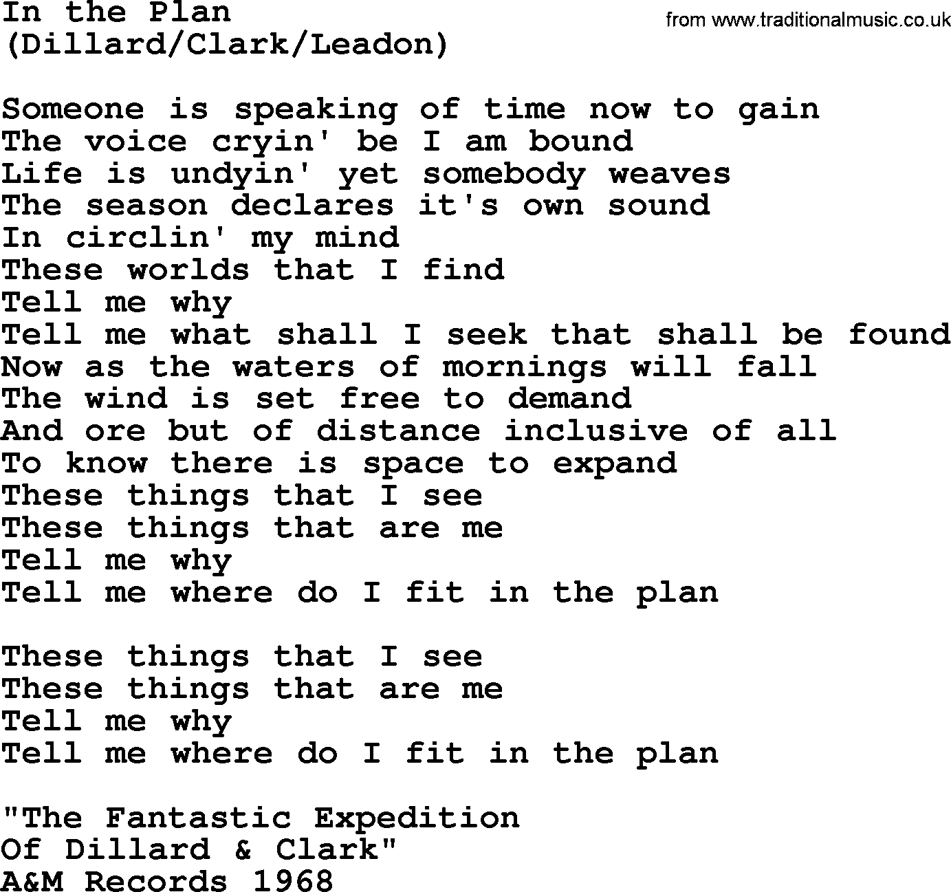 The Byrds song In The Plan, lyrics