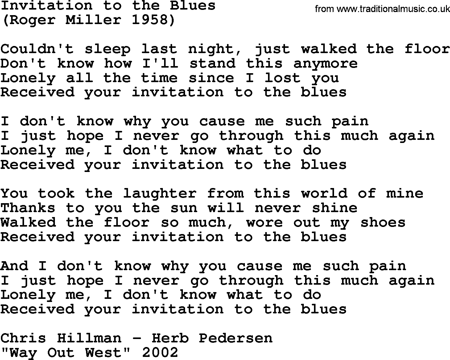 The Byrds song Invitation To The Blues, lyrics