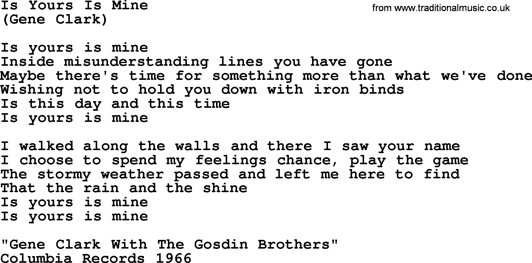 The Byrds song Is Yours Is Mine, lyrics
