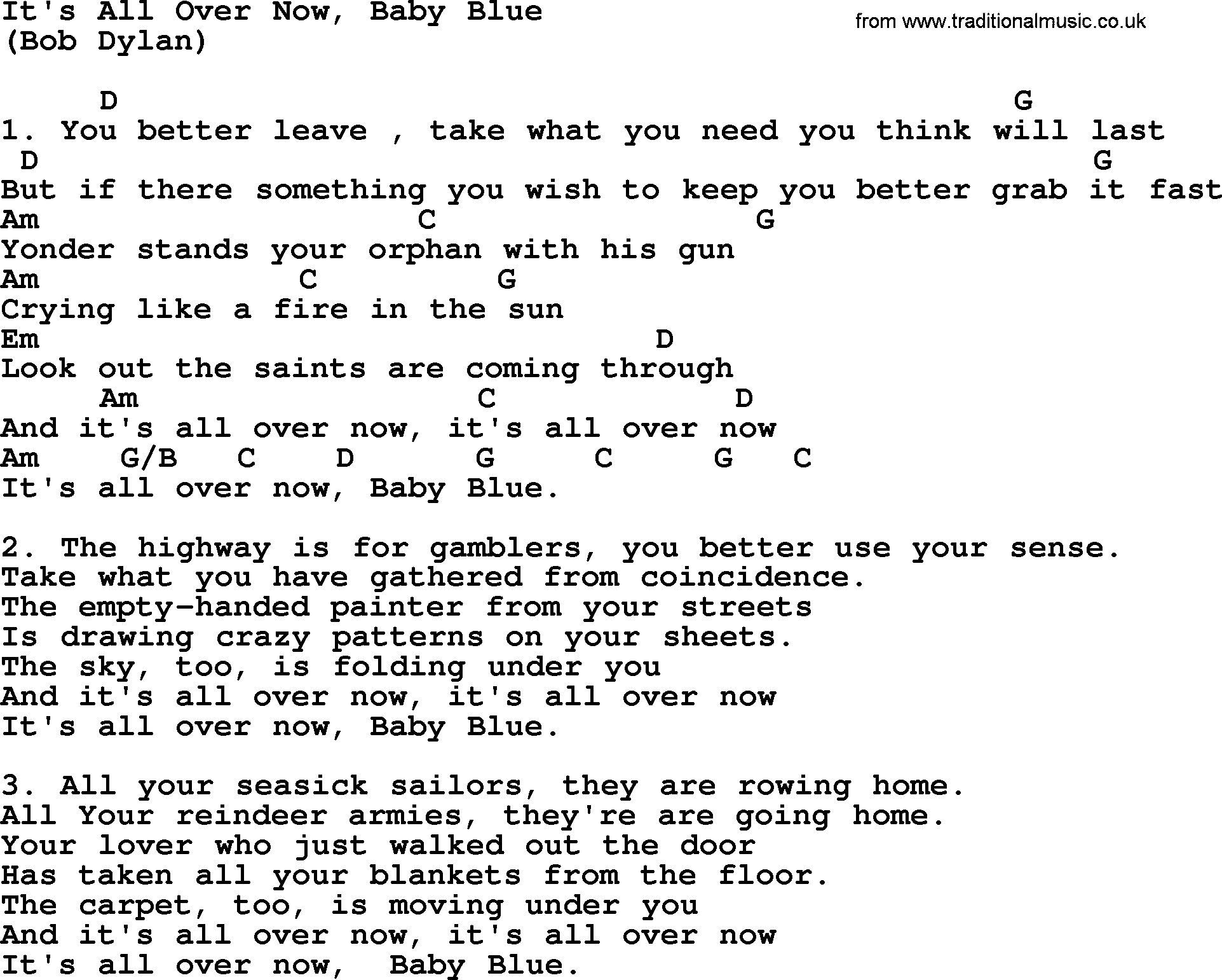 The Byrds song It's All Over Now, Baby Blue, lyrics and chords