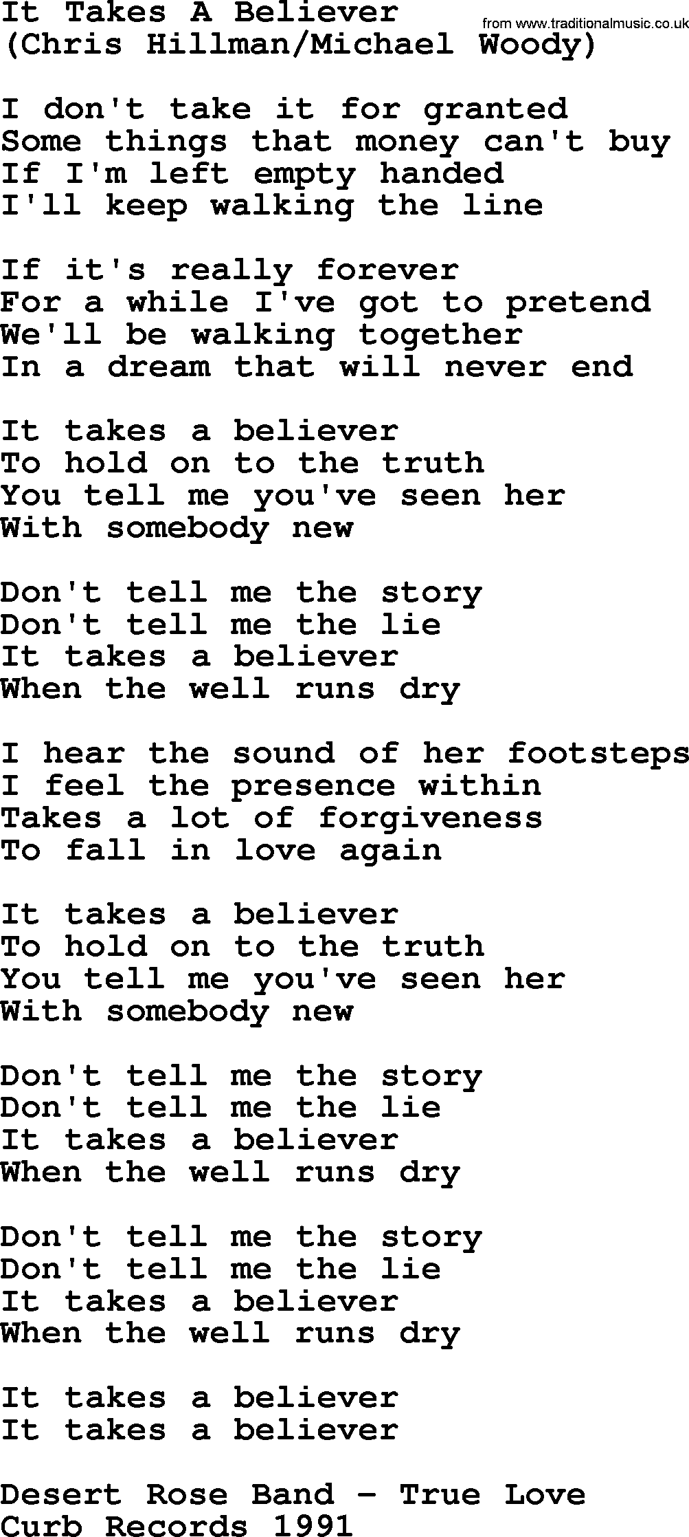 The Byrds song It Takes A Believer, lyrics
