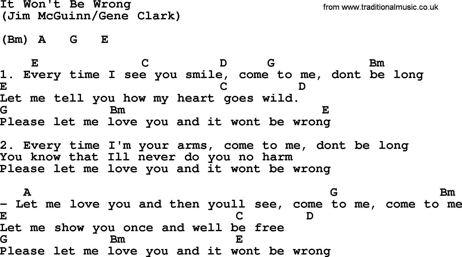 The Byrds song It Won't Be Wrong, lyrics and chords