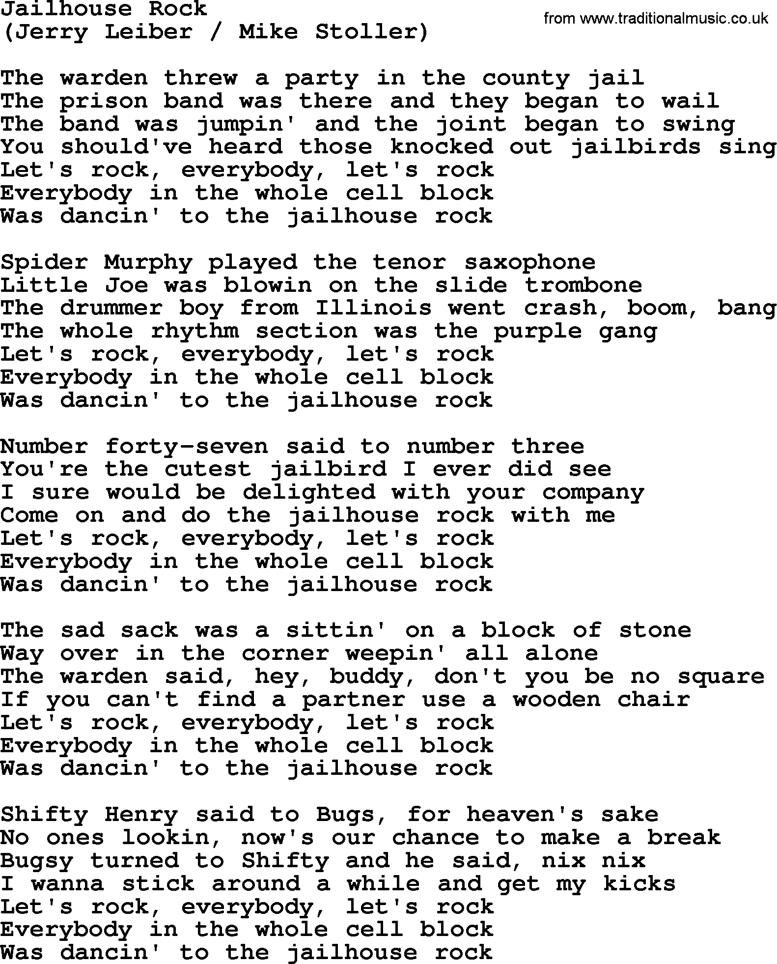 The Byrds song Jailhouse Rock, lyrics