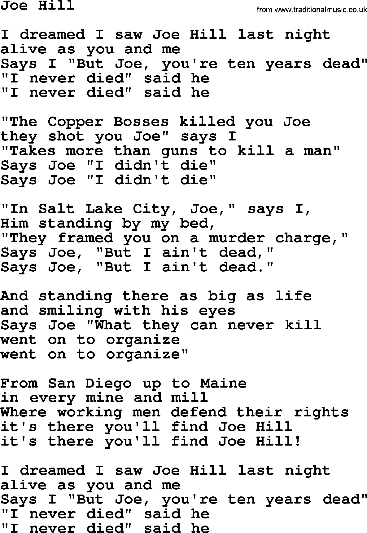 The Byrds song Joe Hill, lyrics