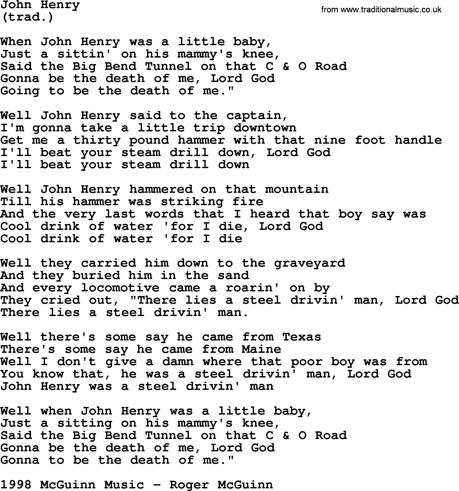 The Byrds song John Henry, lyrics