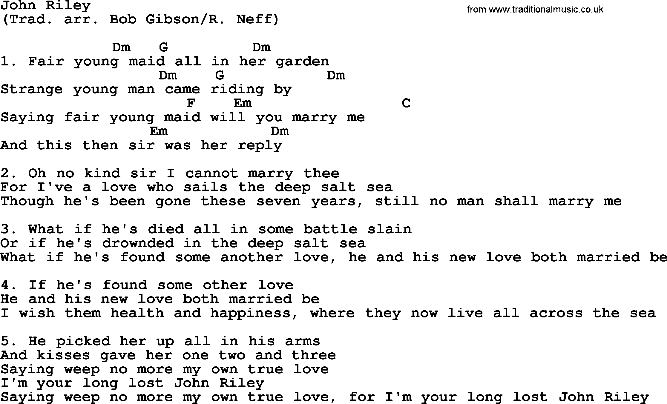 The Byrds song John Riley, lyrics and chords
