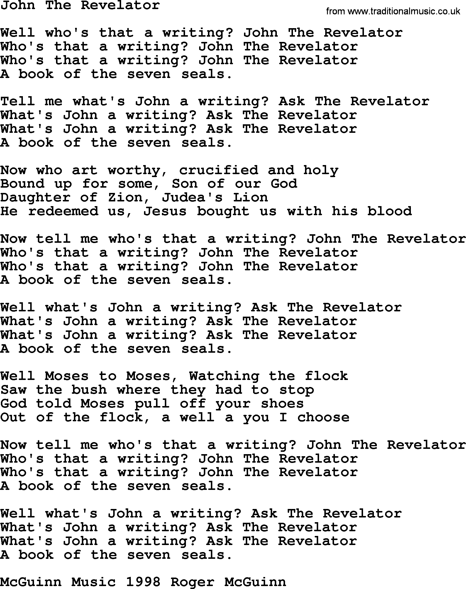 The Byrds song John The Revelator, lyrics
