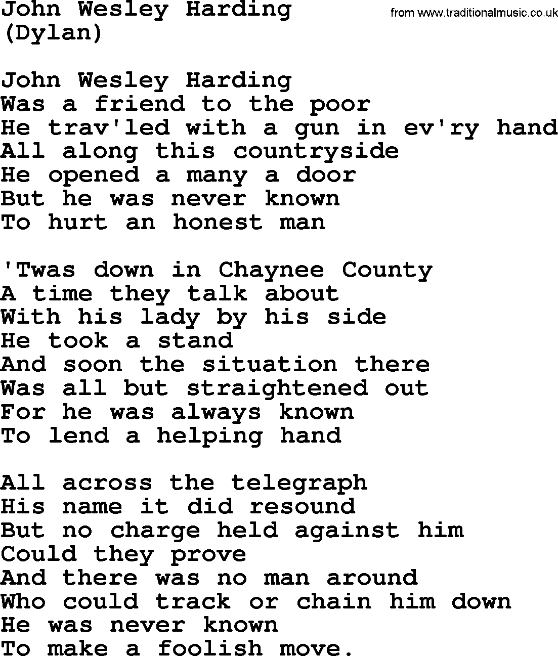 The Byrds song John Wesley Harding, lyrics