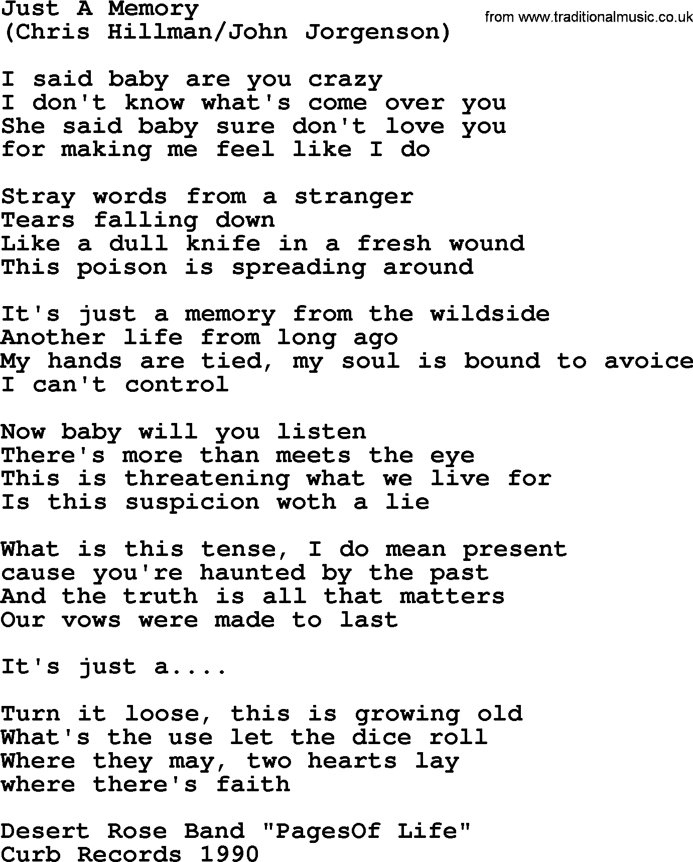 The Byrds song Just A Memory, lyrics