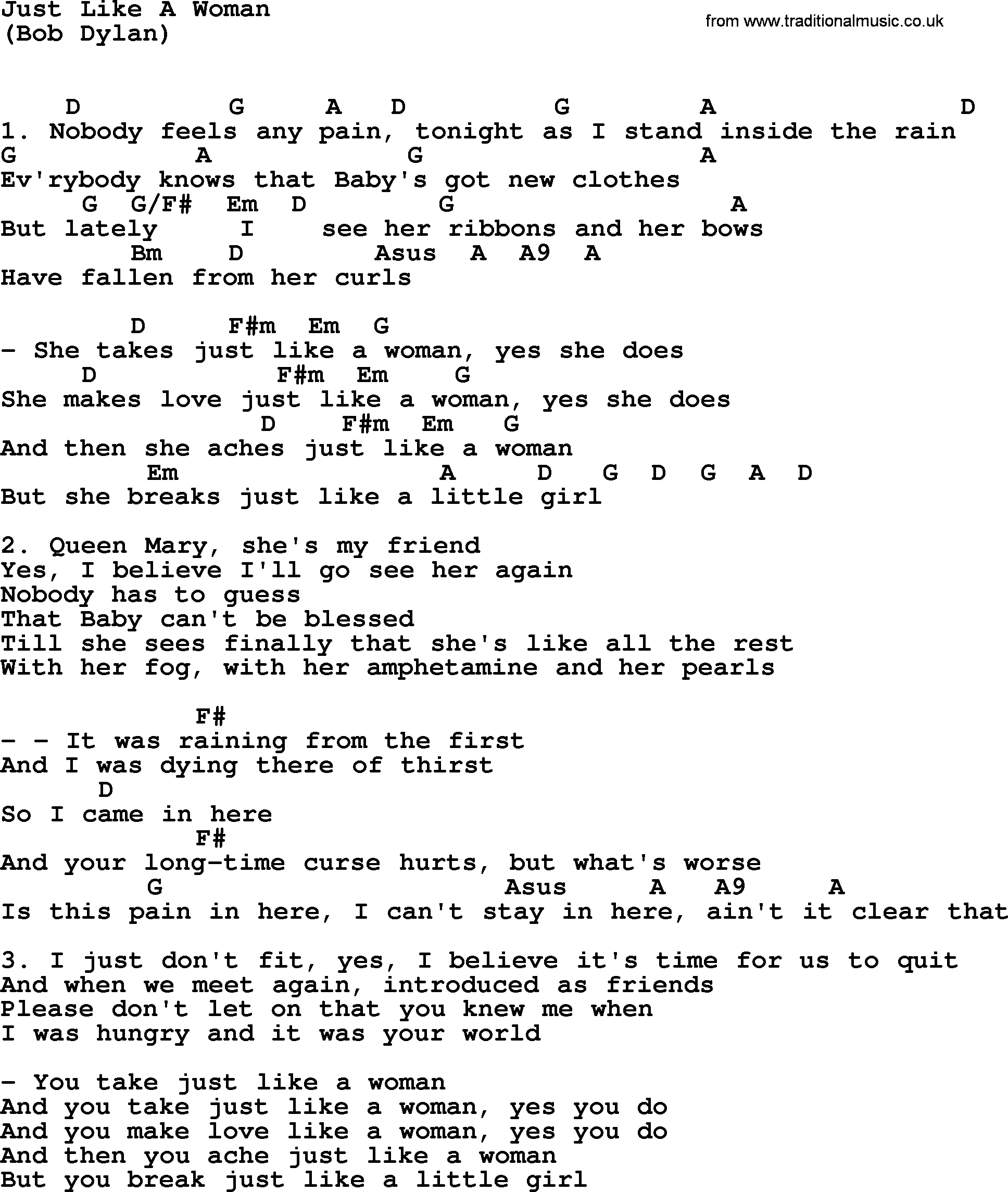 The Byrds song Just Like A Woman, lyrics and chords