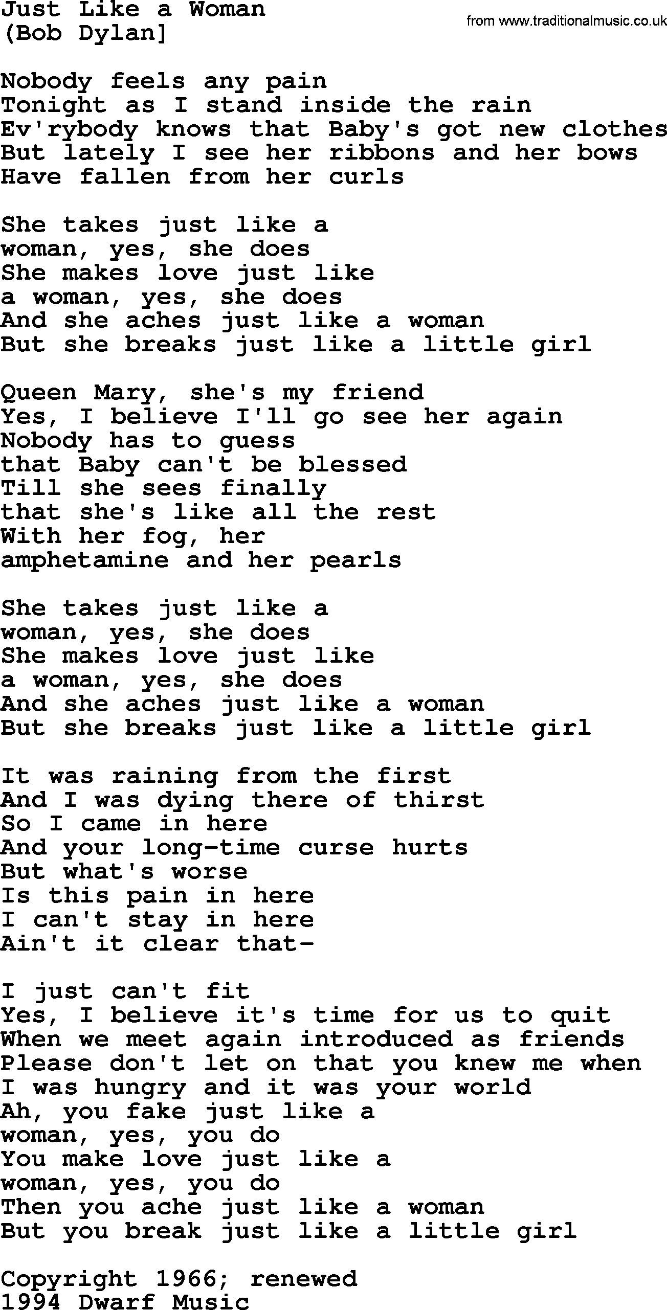 The Byrds song Just Like A Woman, lyrics