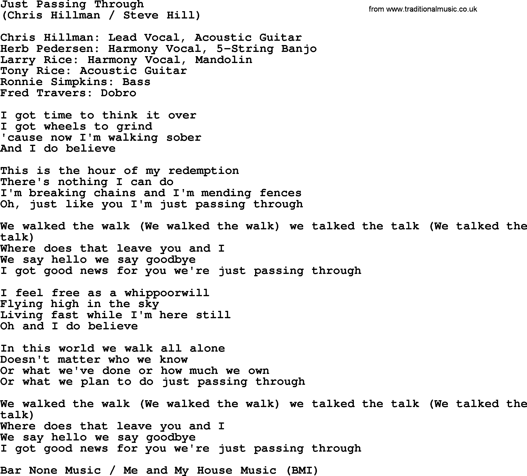 The Byrds song Just Passing Through, lyrics