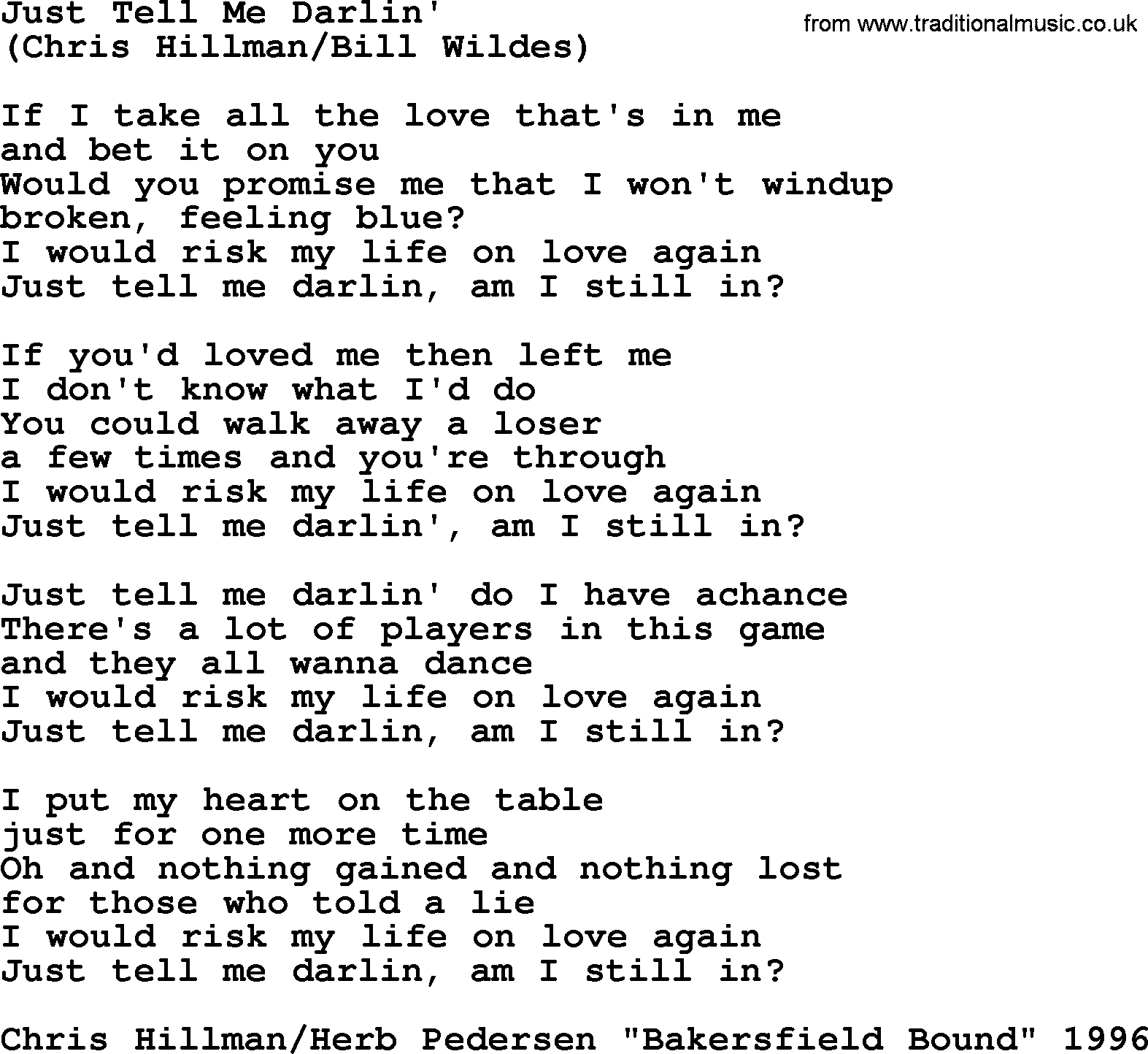 The Byrds song Just Tell Me Darlin', lyrics