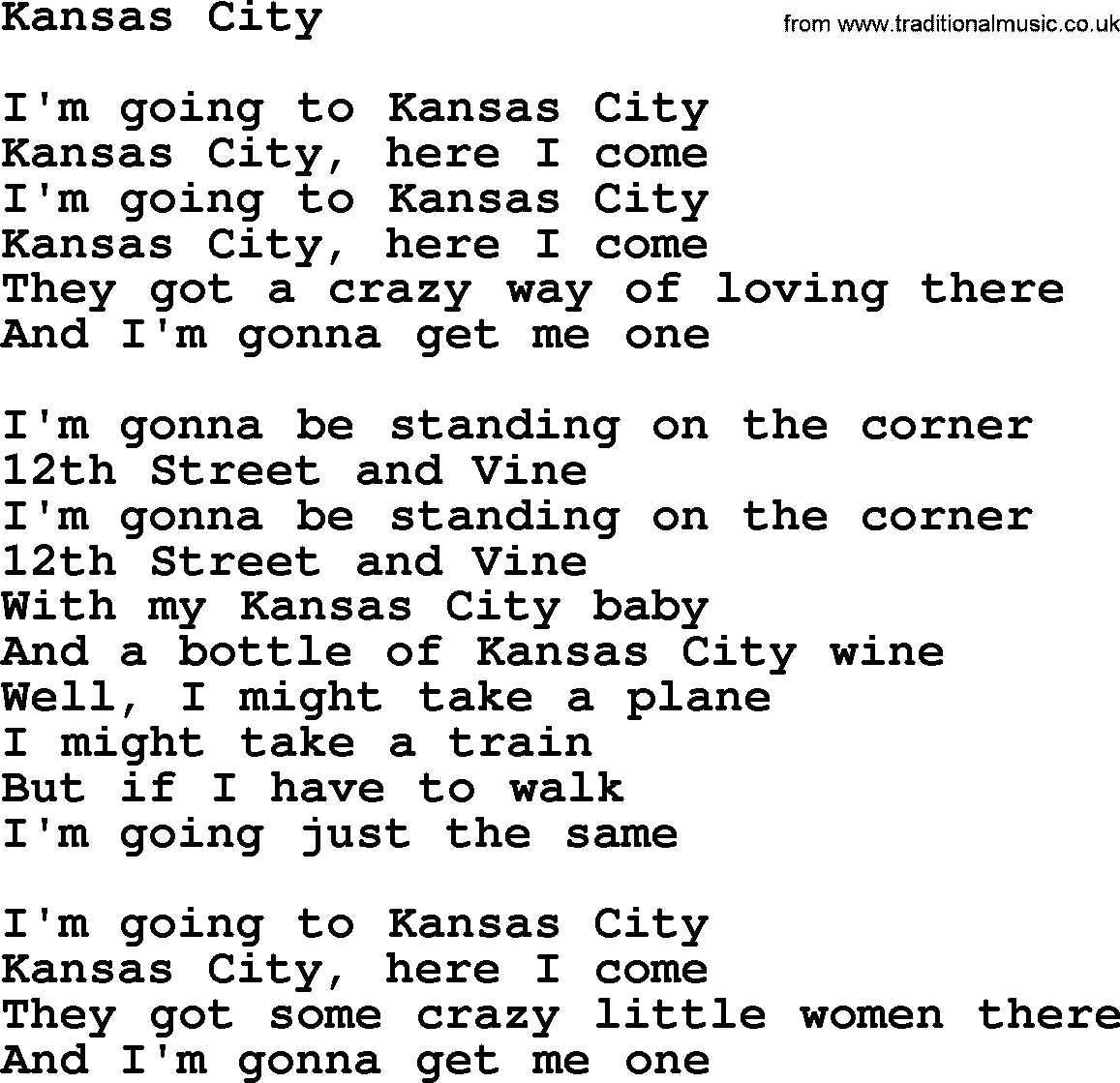 The Byrds song Kansas City, lyrics