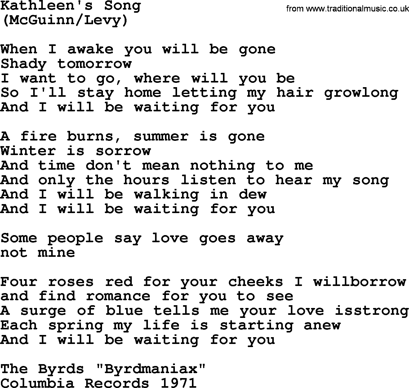 The Byrds song Kathleen's Song, lyrics