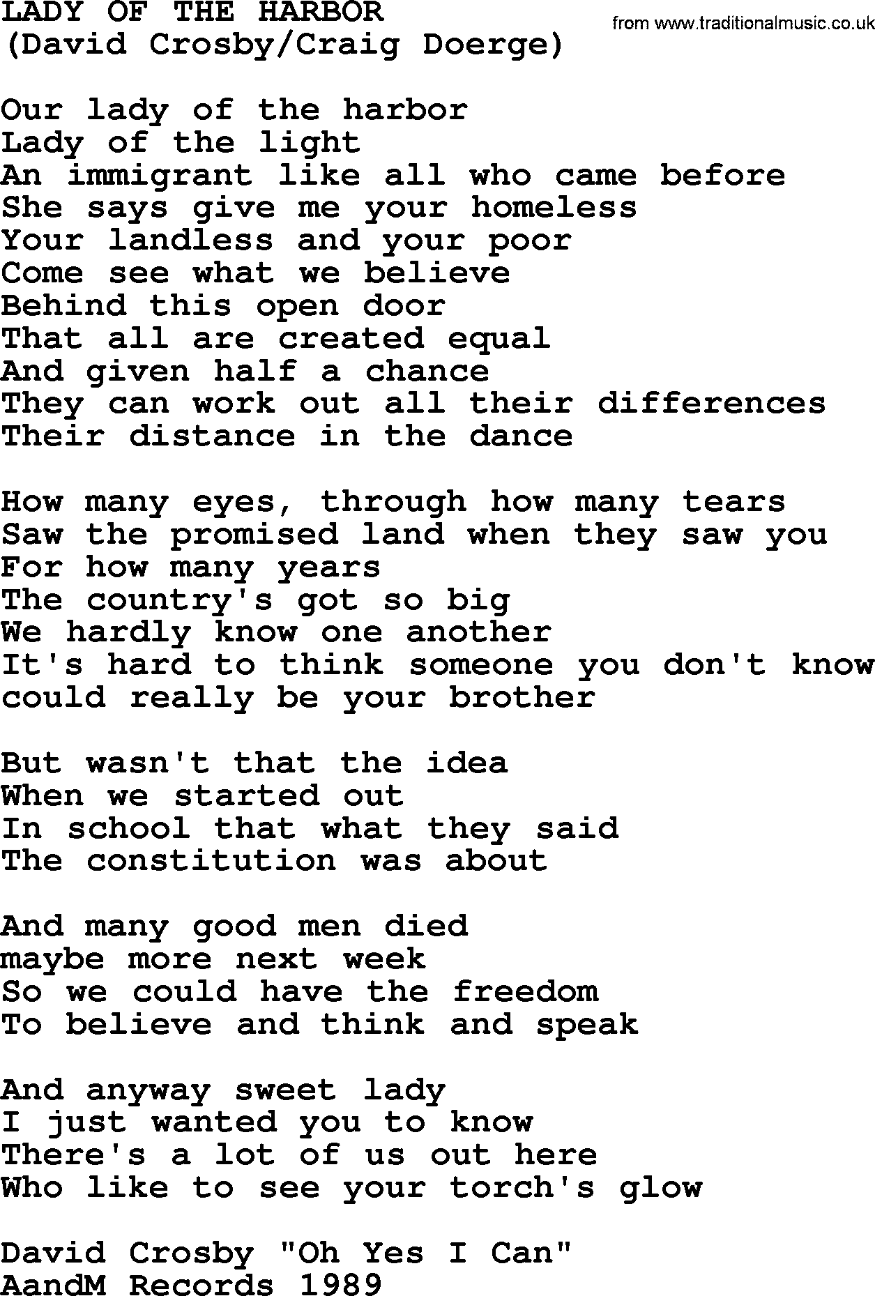 The Byrds song Lady Of The Harbor, lyrics
