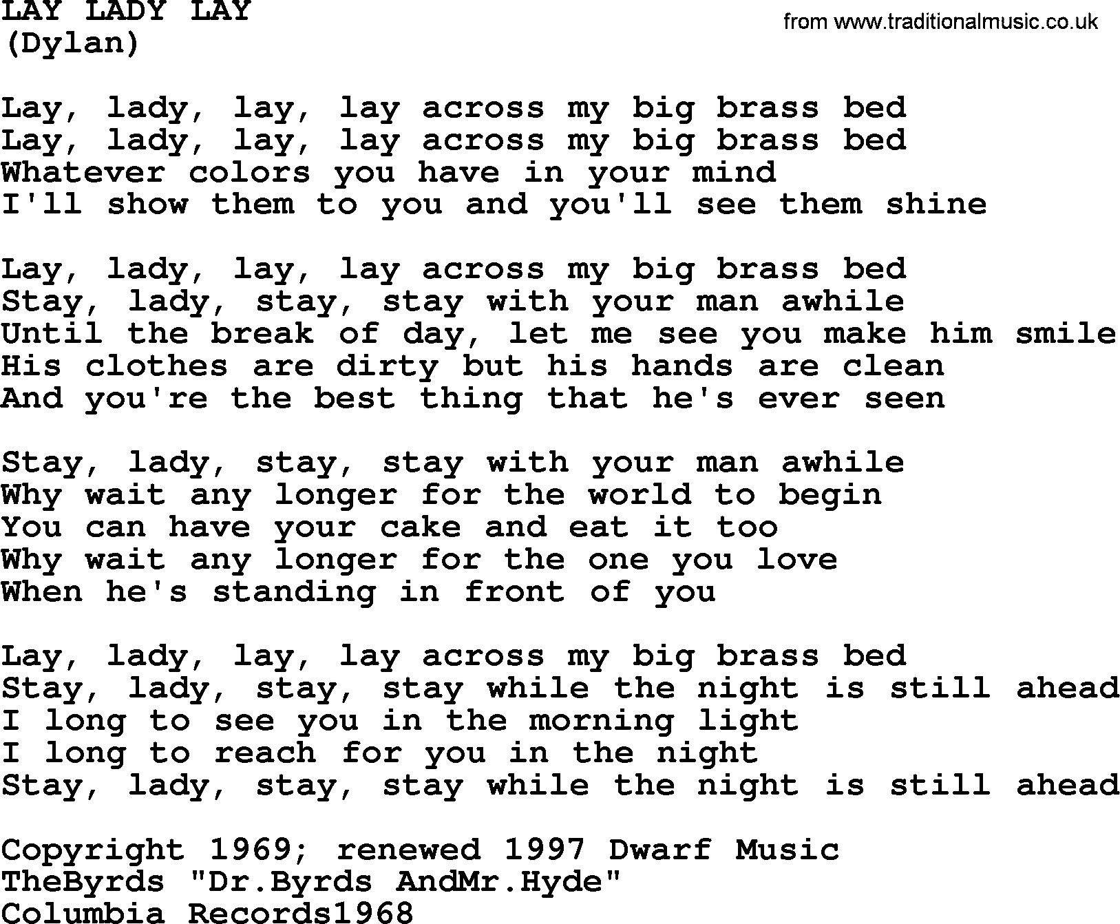 The Byrds song Lay Lady Lay, lyrics