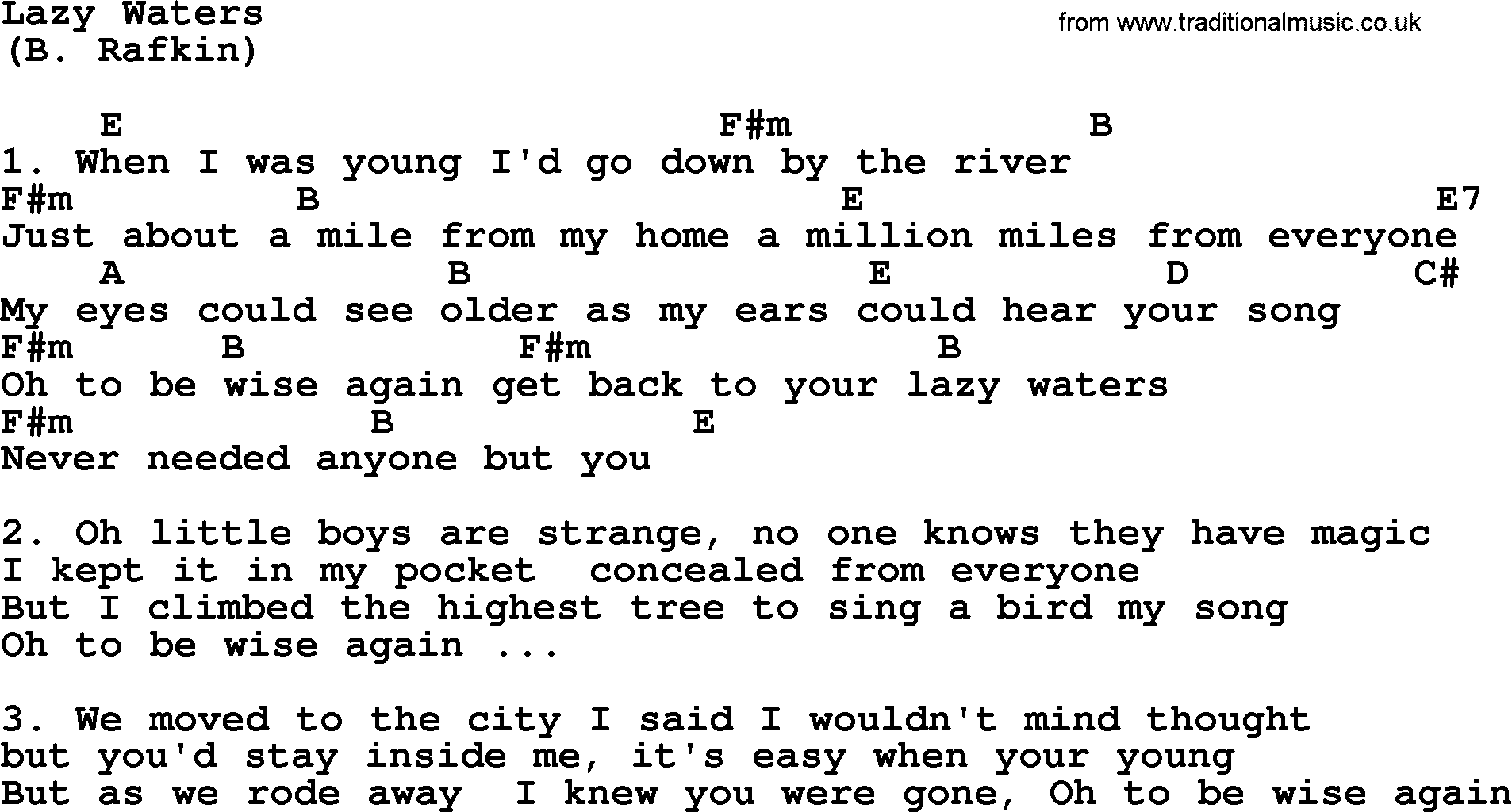 The Byrds song Lazy Waters, lyrics and chords