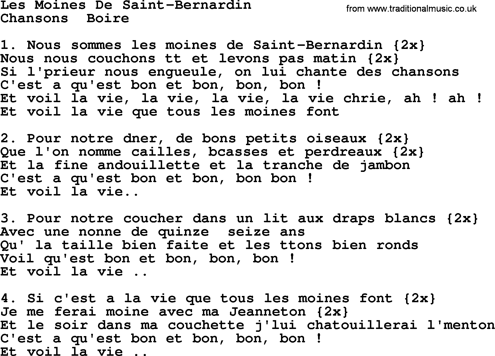 The Byrds song Les Moines De Saint Bernardin, lyrics
