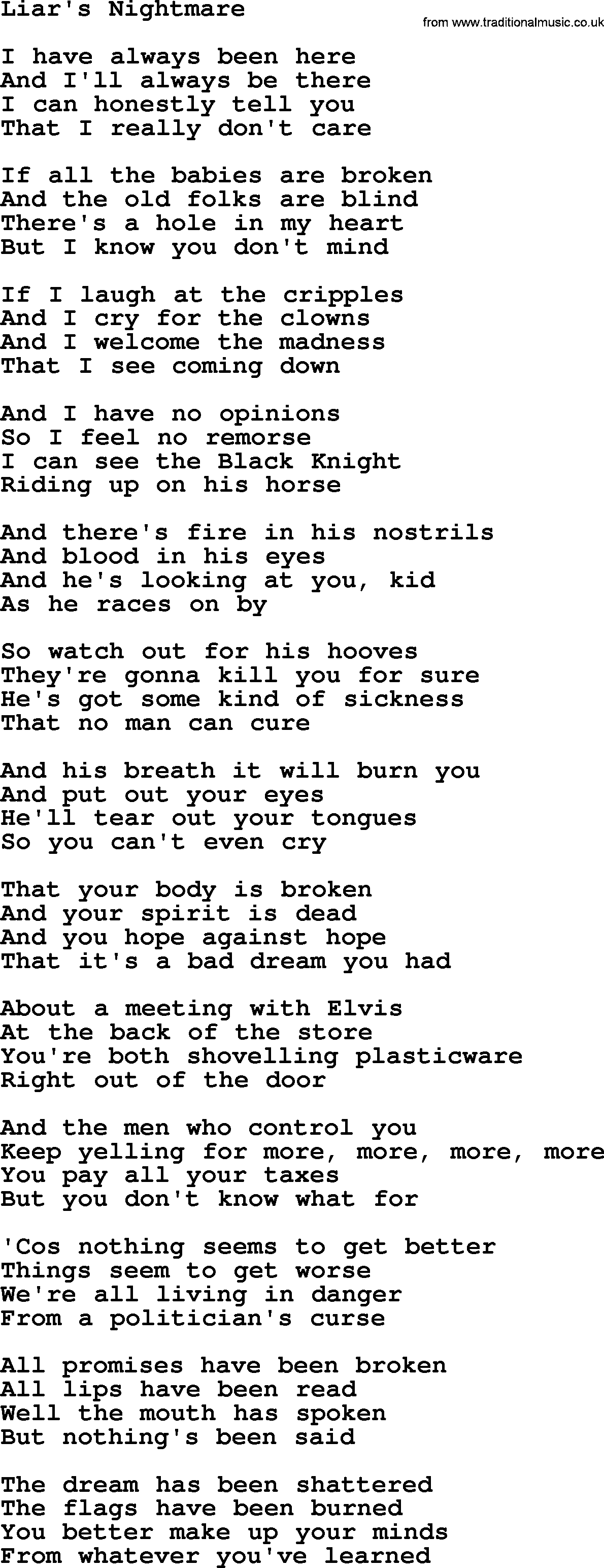 The Byrds song Liar's Nightmare, lyrics