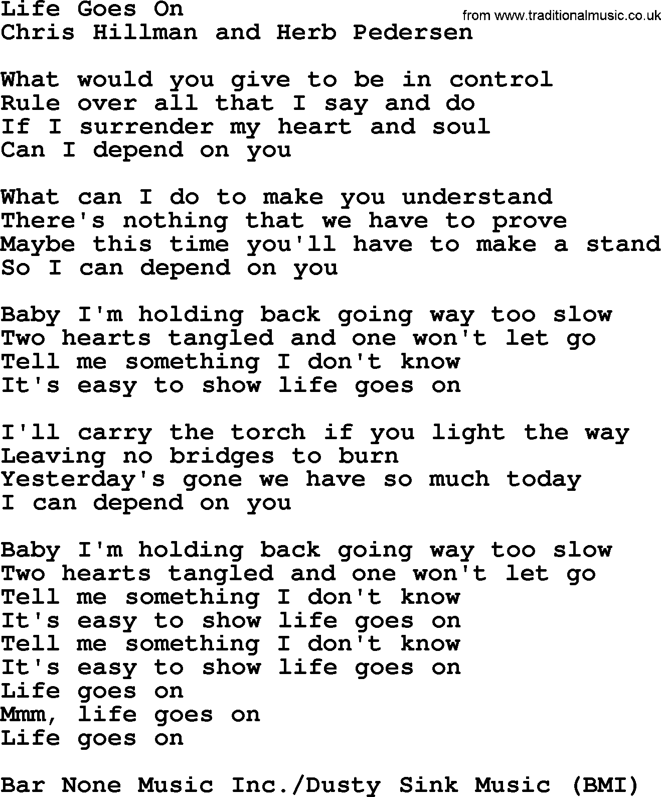 The Byrds song Life Goes On, lyrics