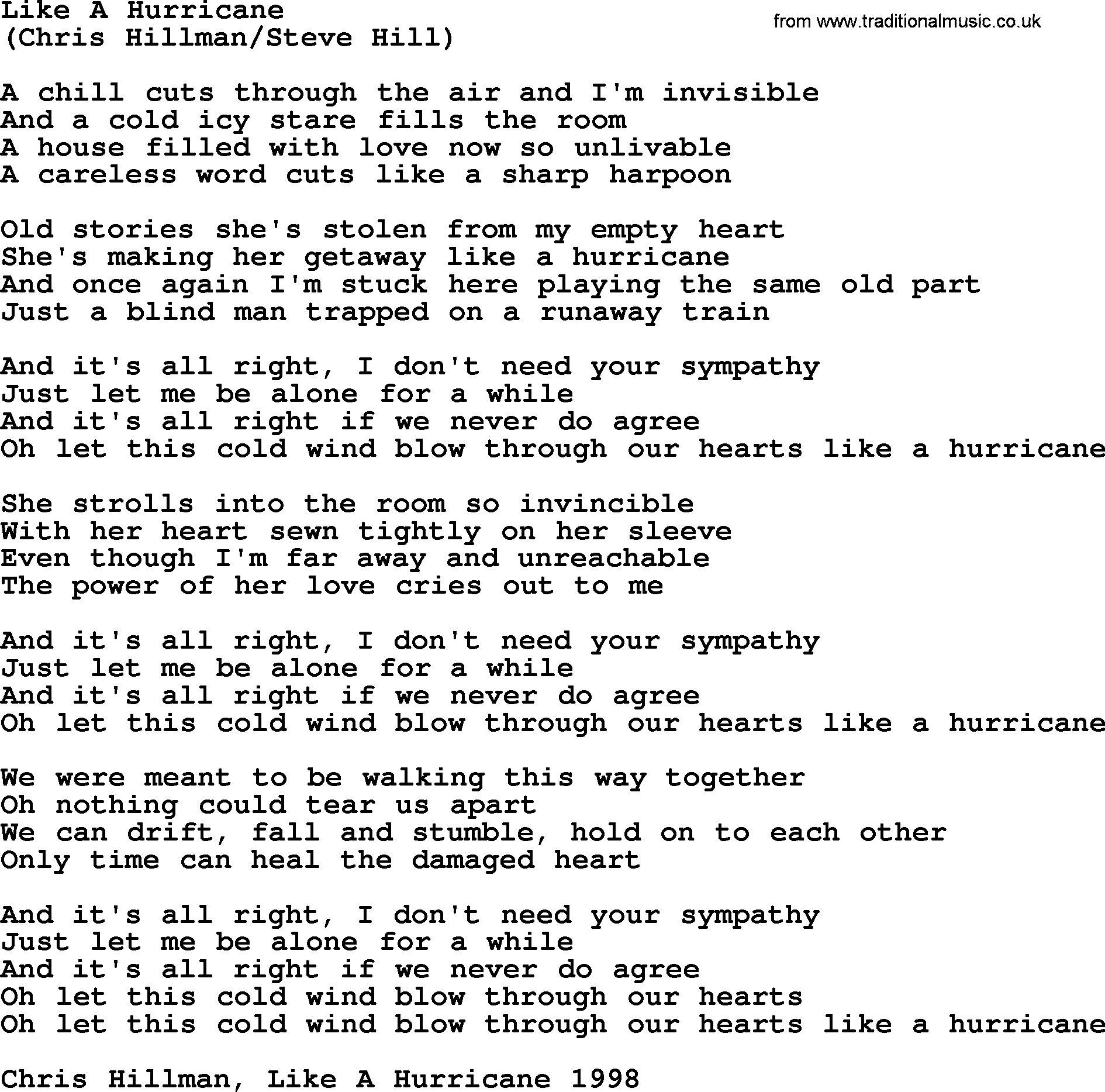 The Byrds song Like A Hurricane, lyrics
