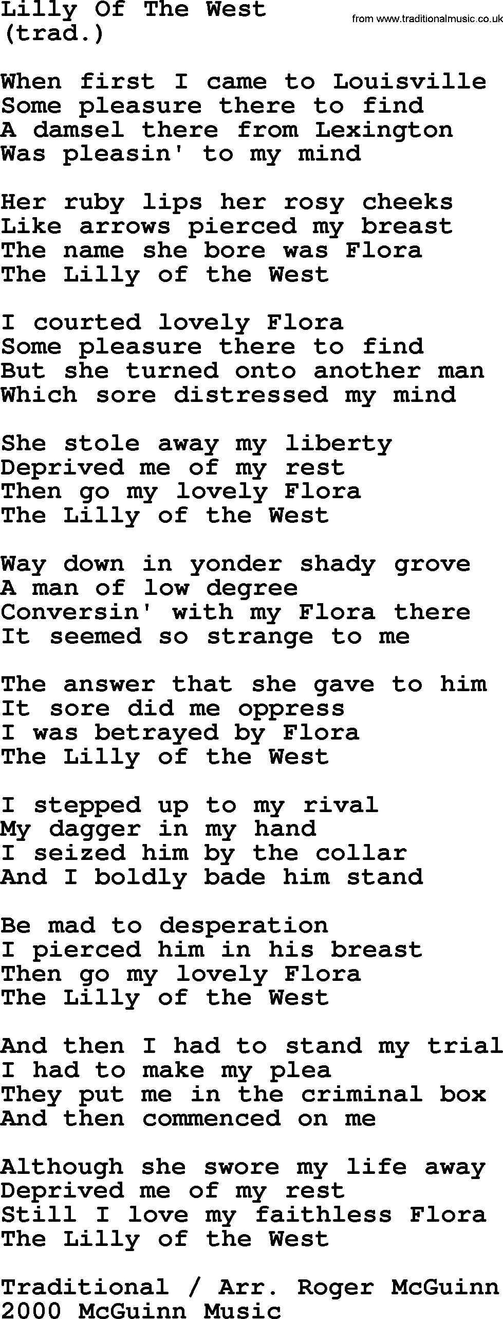 The Byrds song Lilly Of The West, lyrics