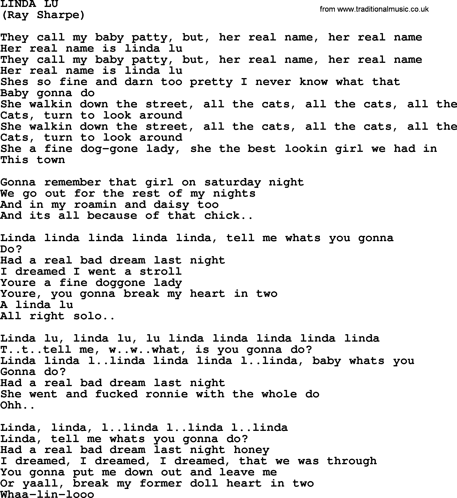 The Byrds song Linda Lu, lyrics
