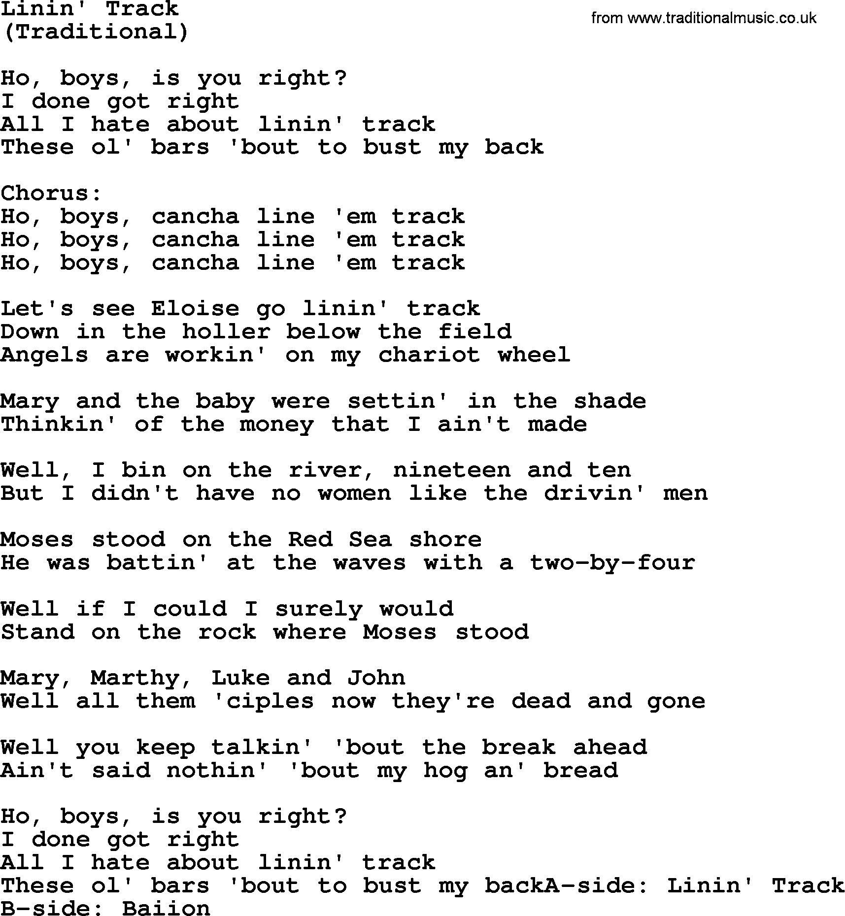 The Byrds song Linin' Track, lyrics