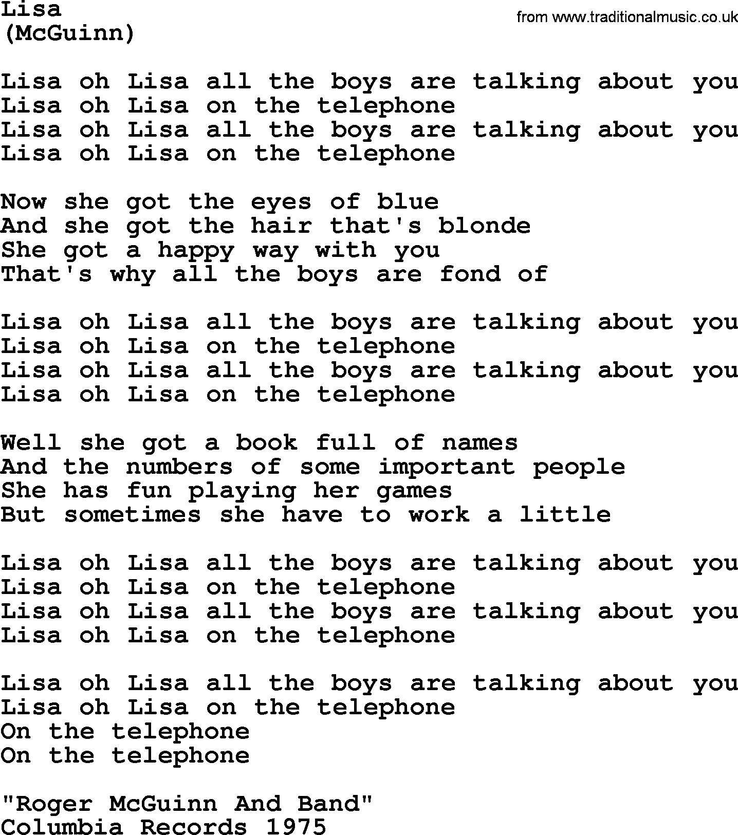 The Byrds song Lisa, lyrics