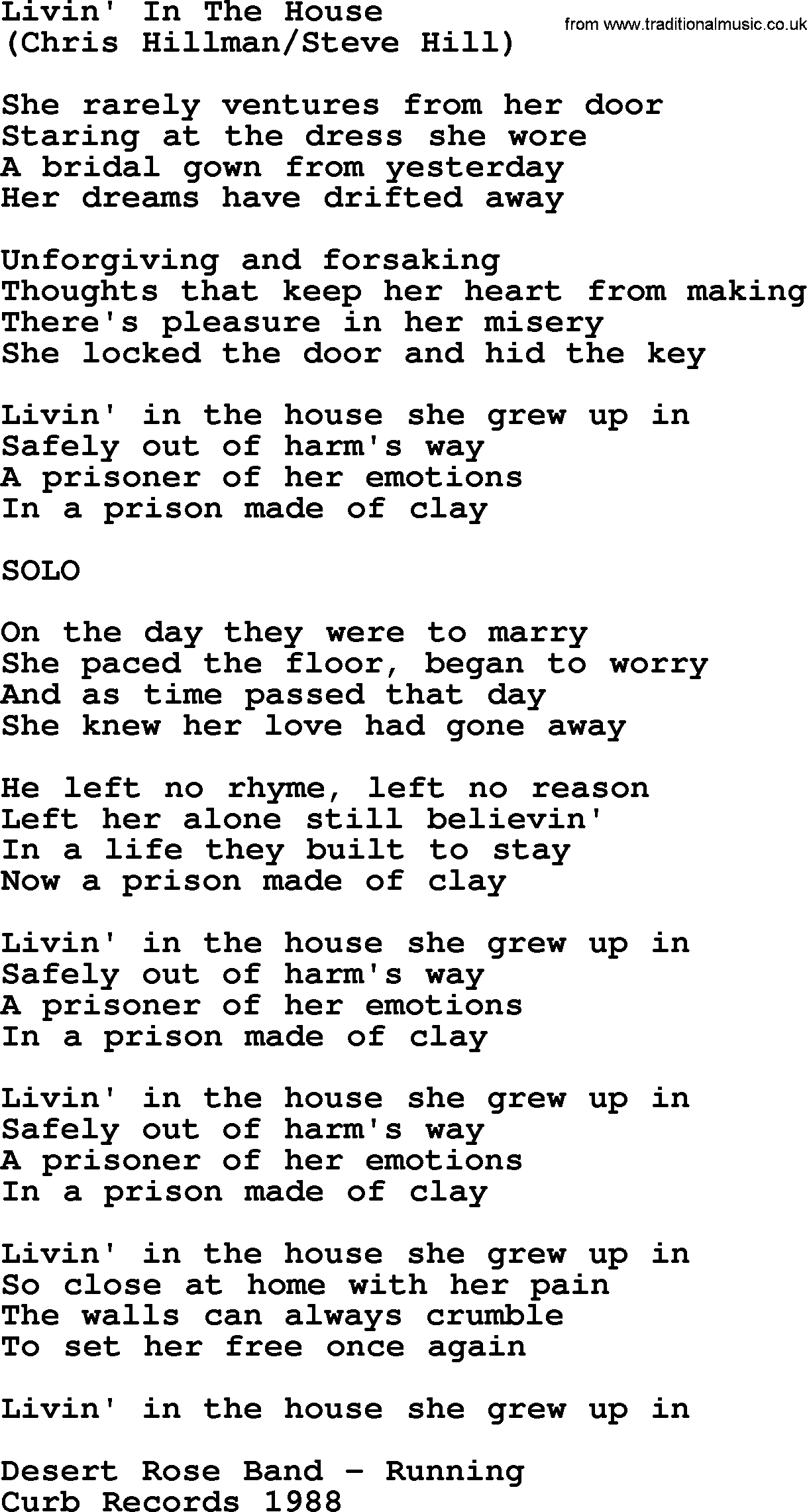The Byrds song Livin' In The House, lyrics