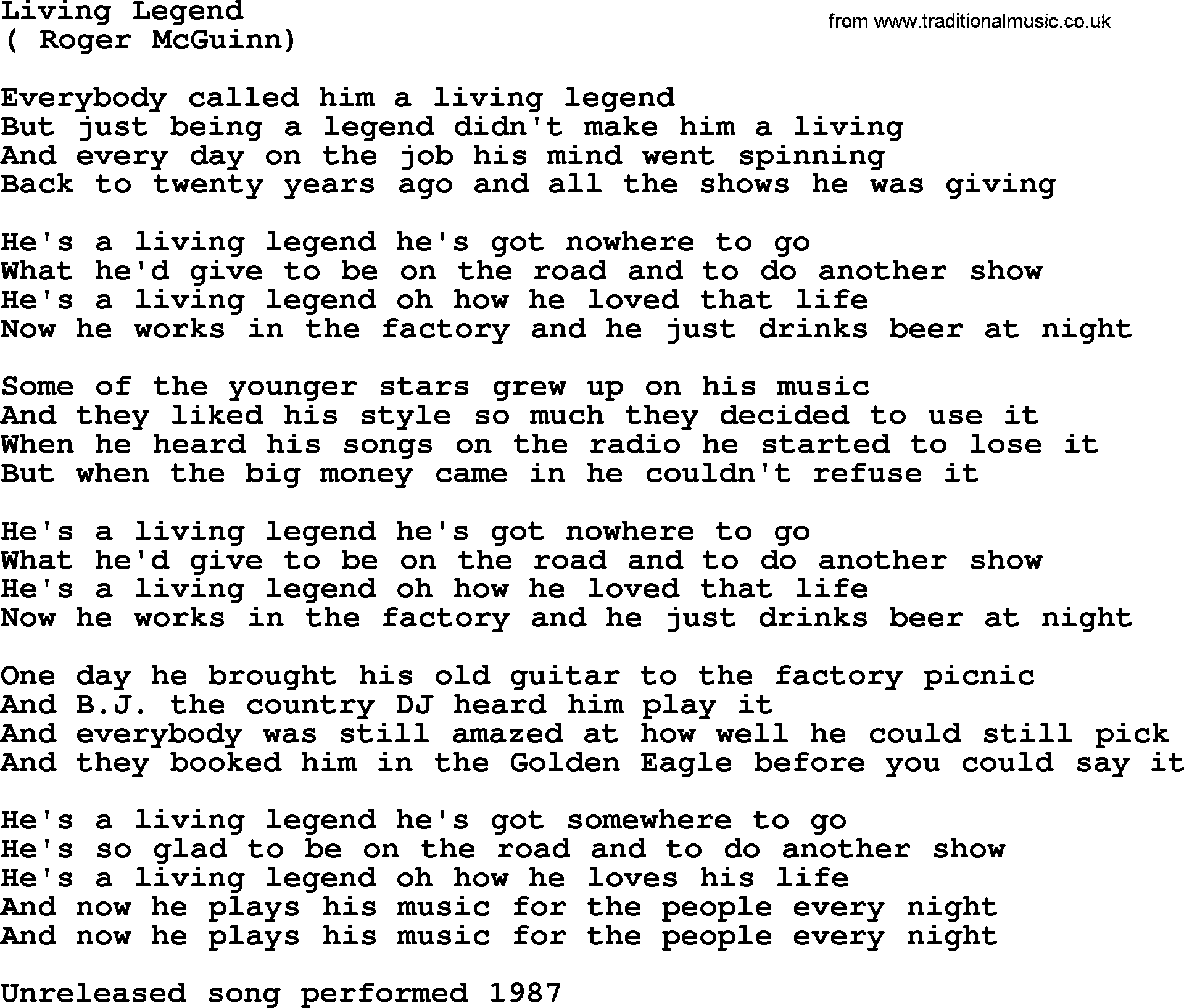 The Byrds song Living Legend, lyrics