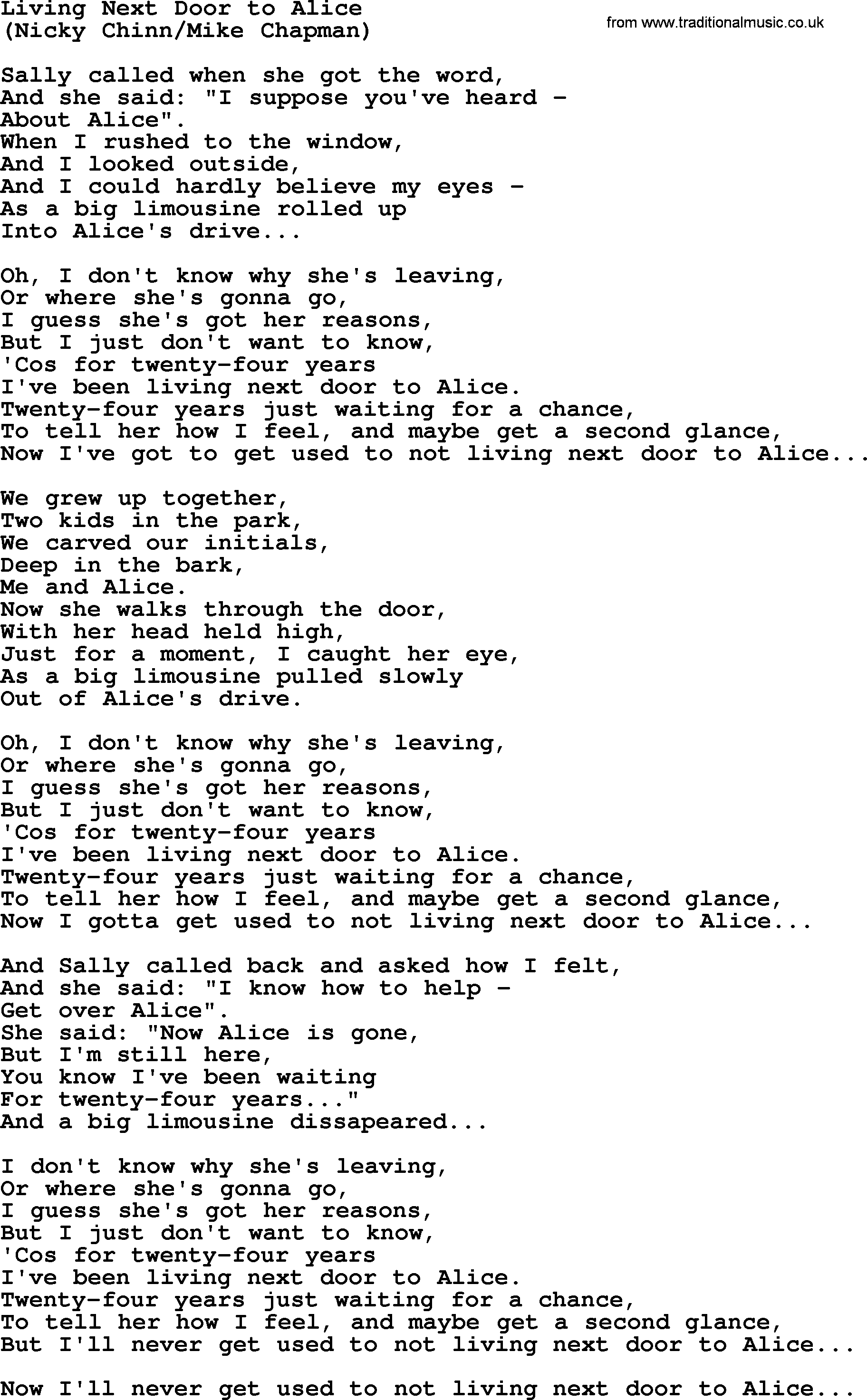 The Byrds song Living Next Door To Alice, lyrics