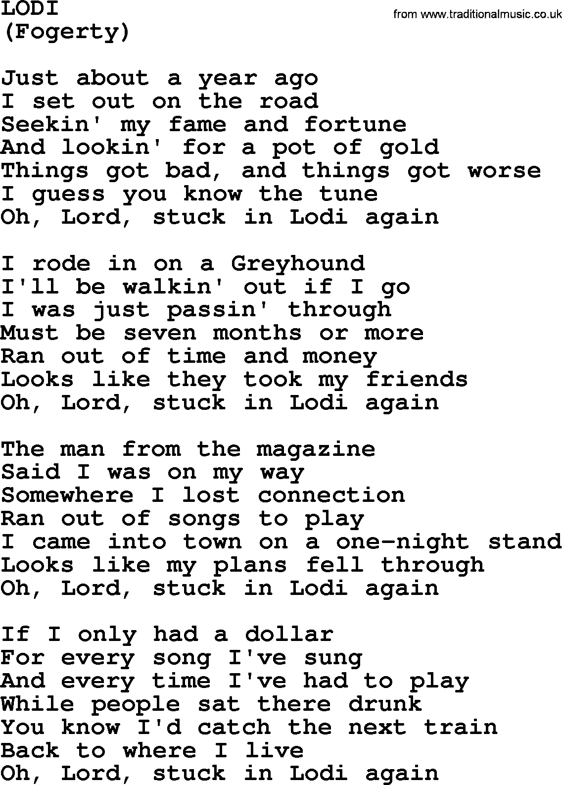 The Byrds song Lodi, lyrics