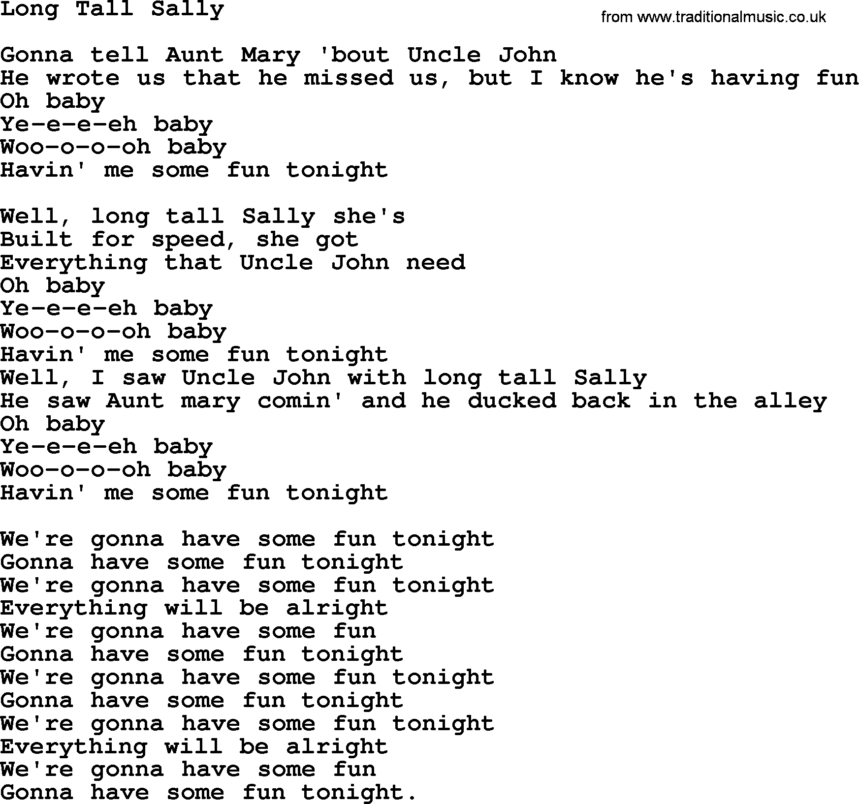 The Byrds song Long Tall Sally, lyrics